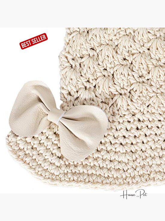 Hand Knitted Cotton Bucket Hat with Leather Bow